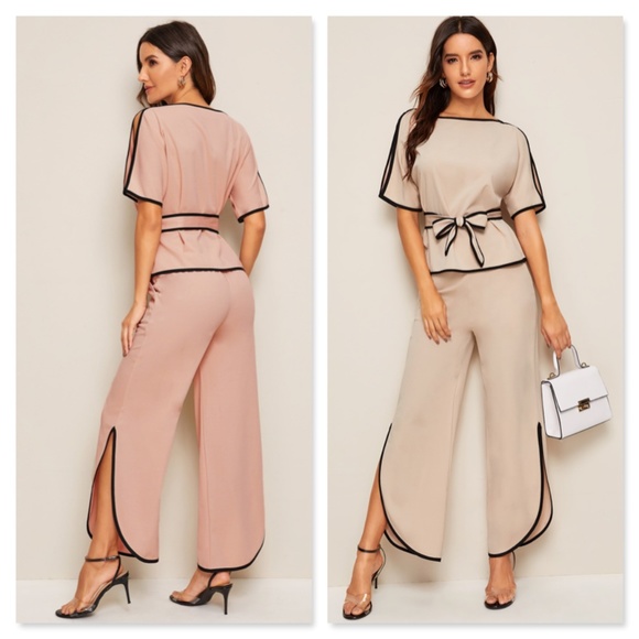Contrast Trim 2 Piece Belted Pants Suit - Picture 5 of 9